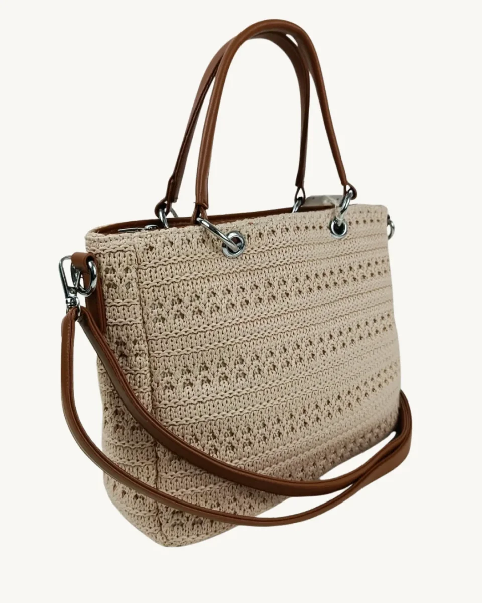 Bolso Ganchillo Crochet Beige con Asas de Mano y Bandolera - Imagen 3