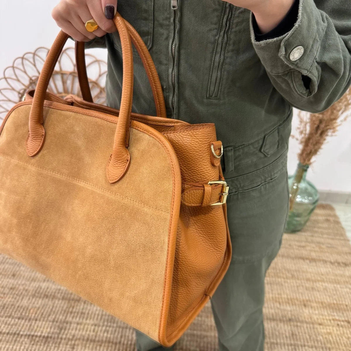 Shopper hebillas serraje y piel camel - Imagen 7