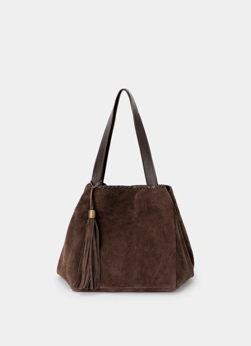 Bolso Tote Ante Marrón Chocolate Borlón - Imagen 4