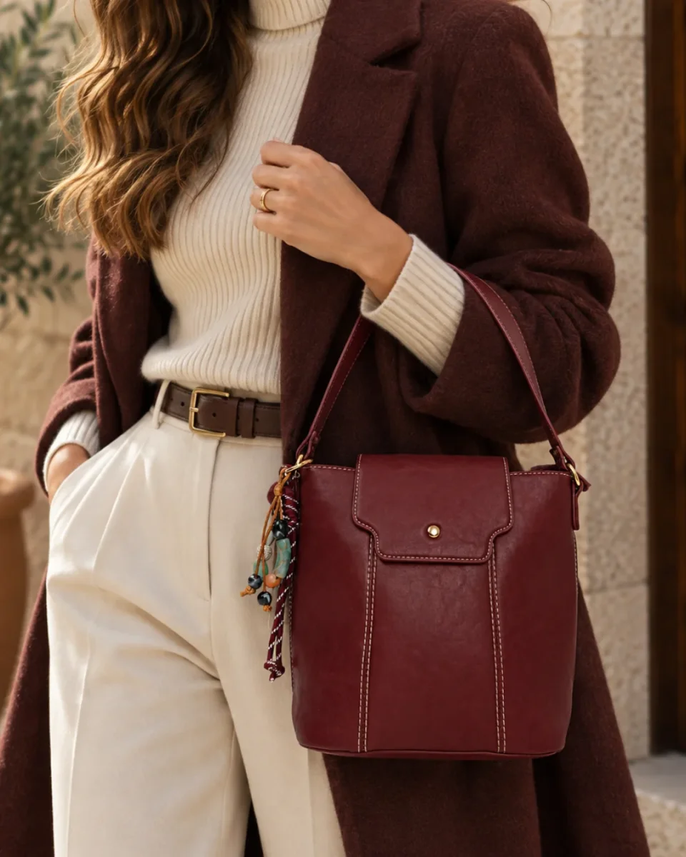 Bolso Mujer Bandolera de Mano con Solapa Burdeos y Correa Ajustable - Imagen 2