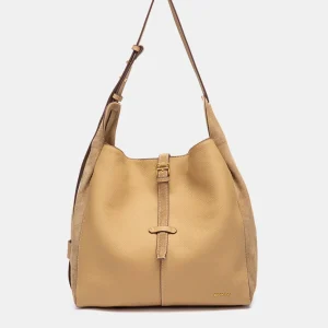 Bolso de hombro en piel y serraje beige