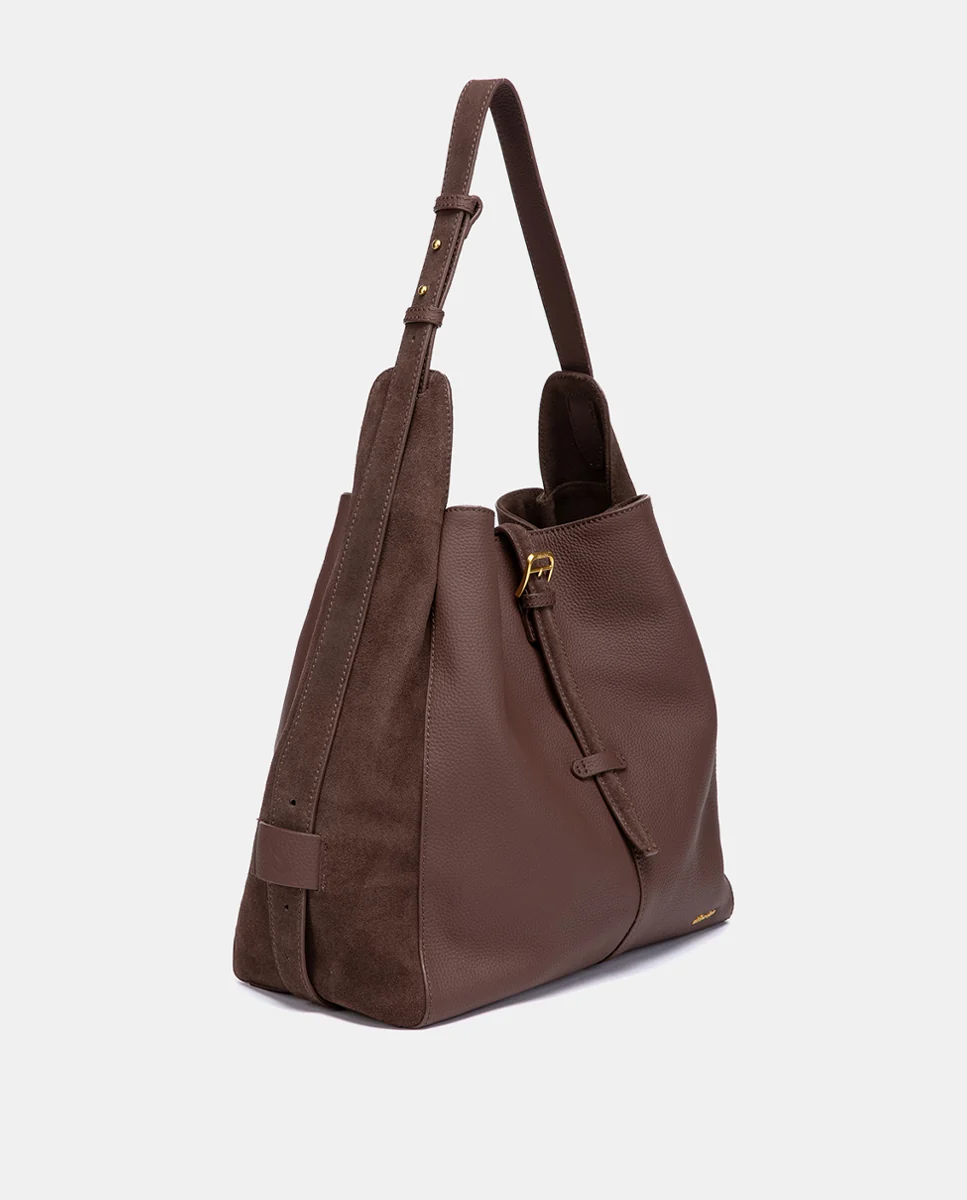 Bolso de hombro en piel y serraje marrón - Imagen 3