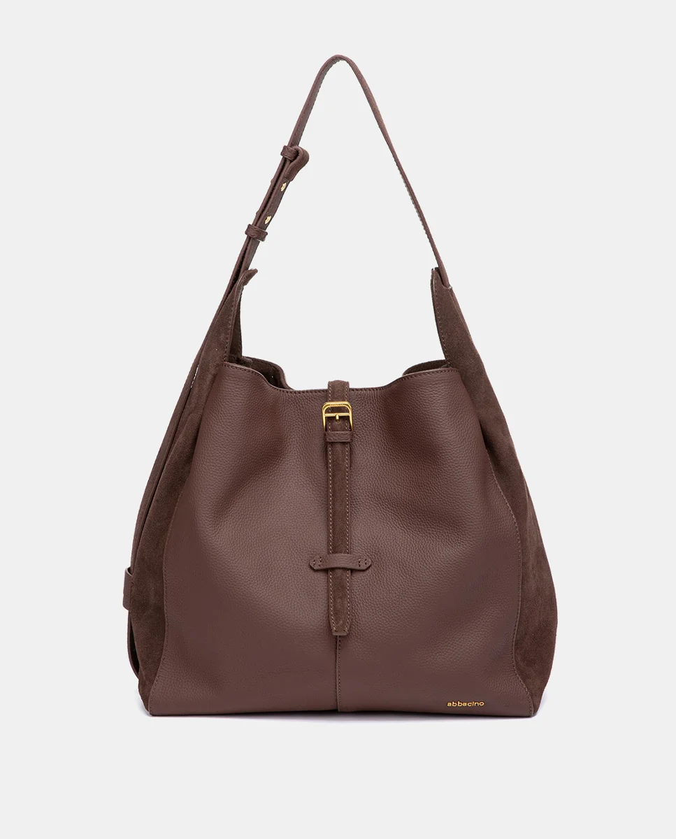 Bolso de hombro en piel y serraje marrón