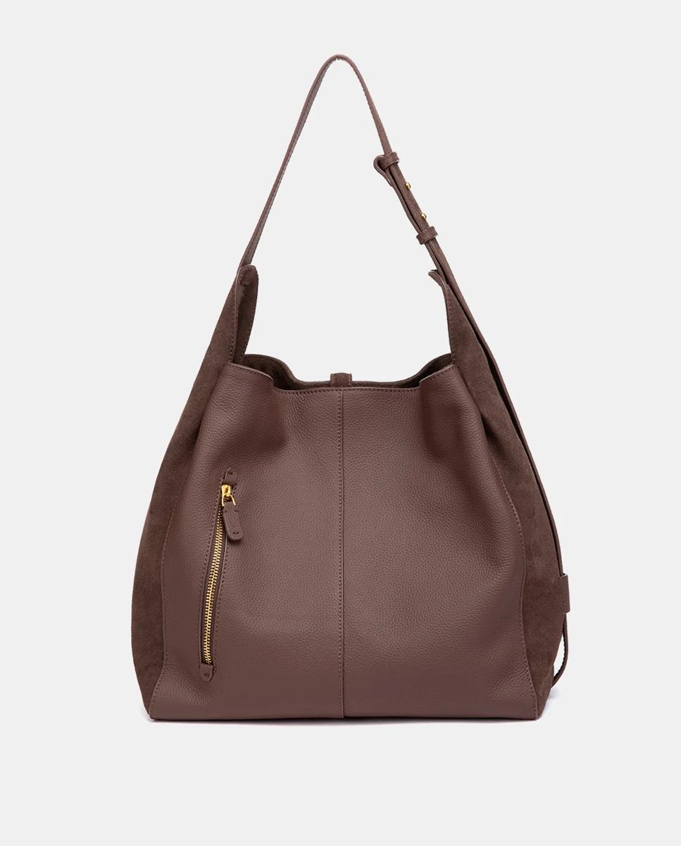 Bolso de hombro en piel y serraje marrón - Imagen 4