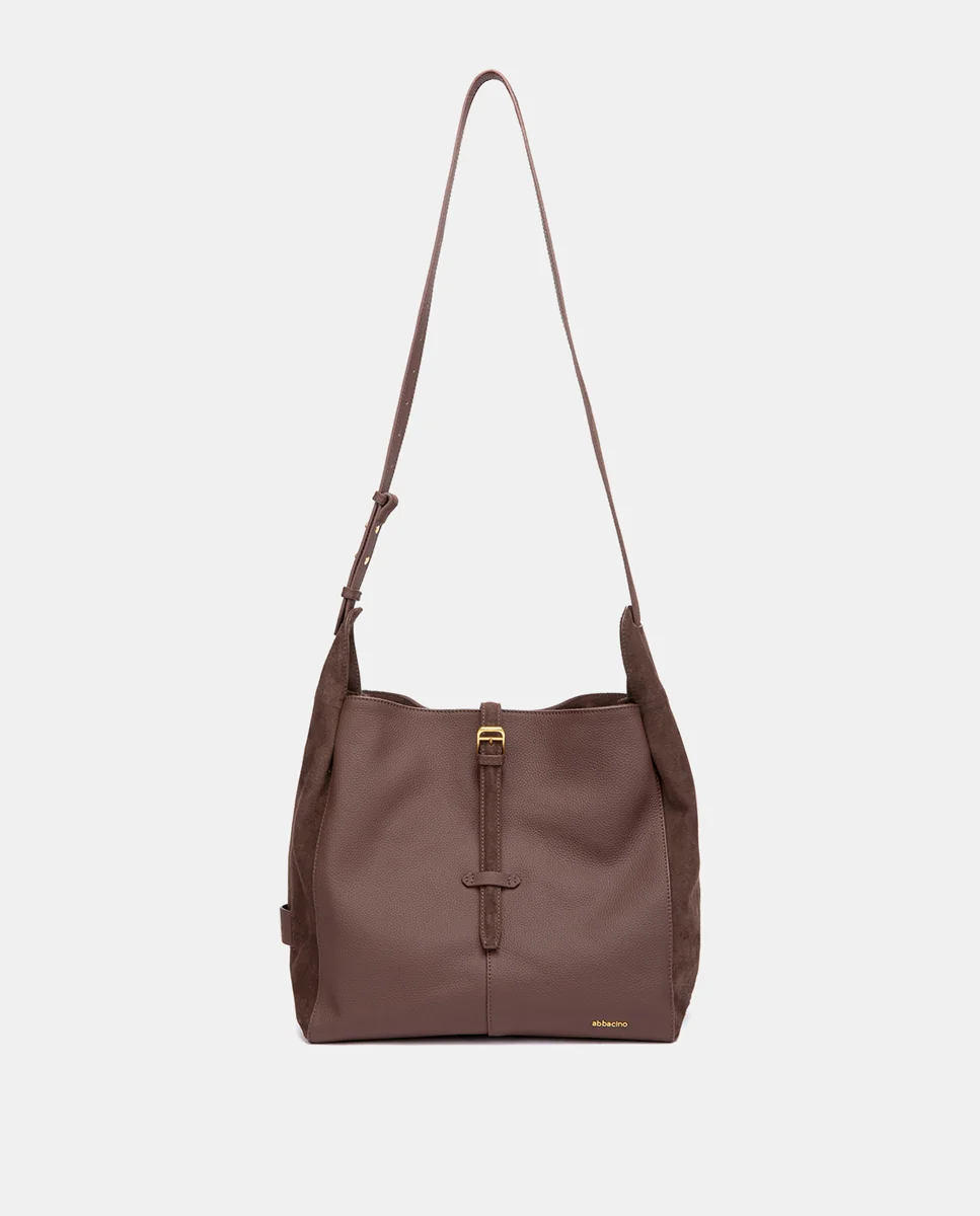 Bolso de hombro en piel y serraje marrón - Imagen 5