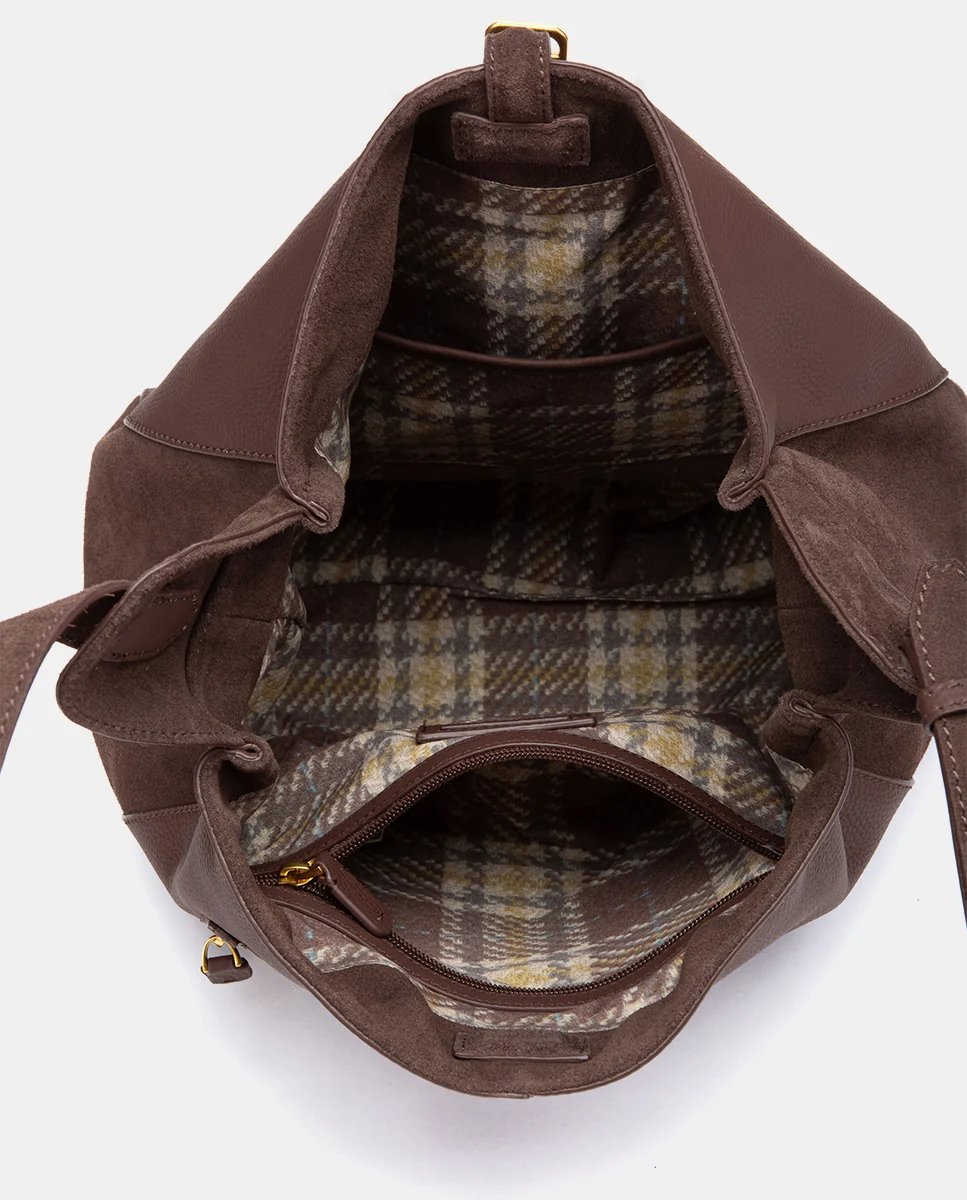 Bolso de hombro en piel y serraje marrón - Imagen 7