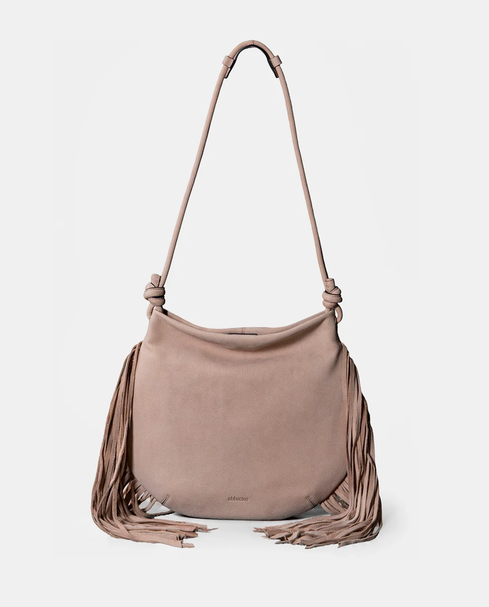 Bolso de hombro en piel con flecos beige - Imagen 3