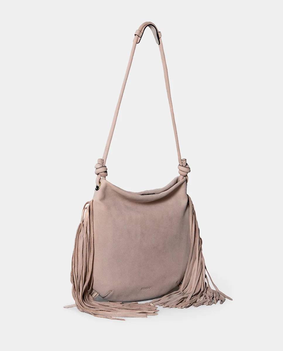 Bolso de hombro en piel con flecos beige - Imagen 4