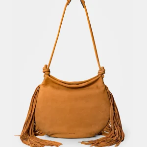 Bolso de hombro en piel con flecos cognac