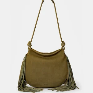 Bolso de hombro en piel con flecos verde