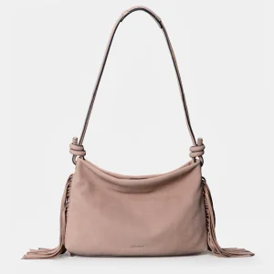 Bolso de hombro en piel con flecos beige