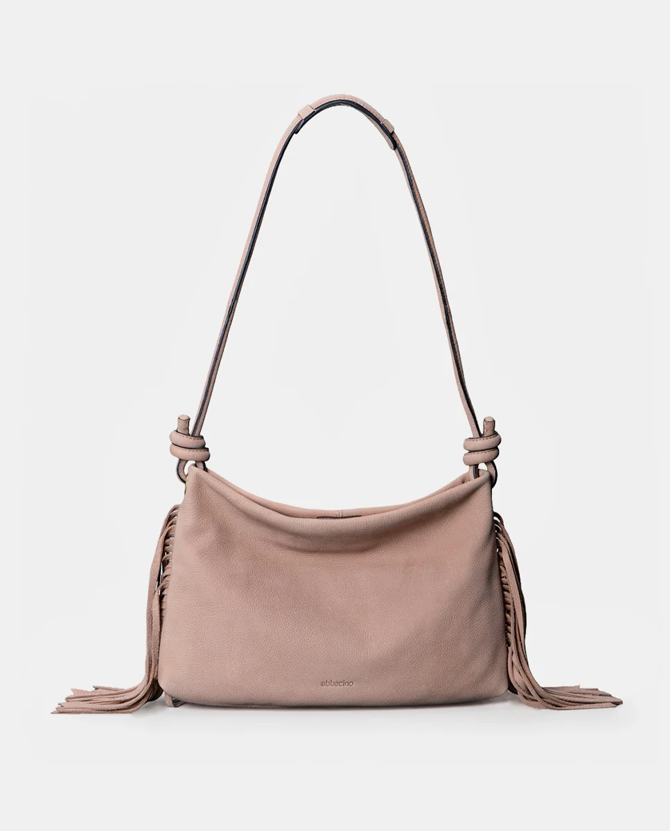 Bolso de hombro en piel con flecos beige - Imagen 2