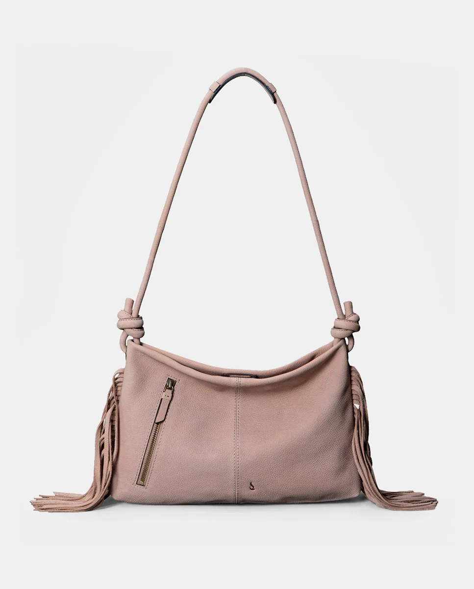 Bolso de hombro en piel con flecos beige - Imagen 4