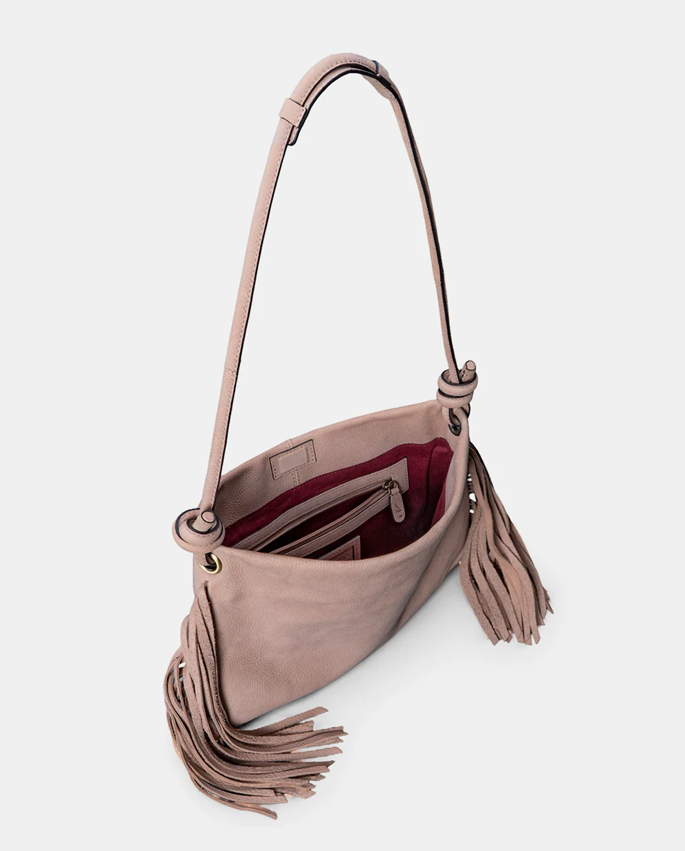 Bolso de hombro en piel con flecos beige - Imagen 5