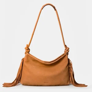 Bolso de hombro en piel con flecos cognac