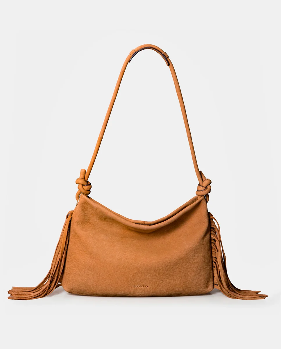 Bolso de hombro en piel con flecos cognac