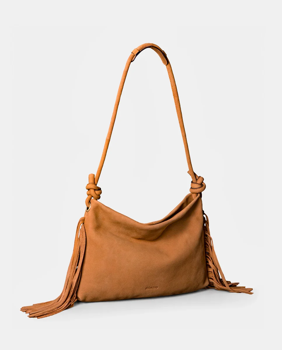 Bolso de hombro en piel con flecos cognac - Imagen 3