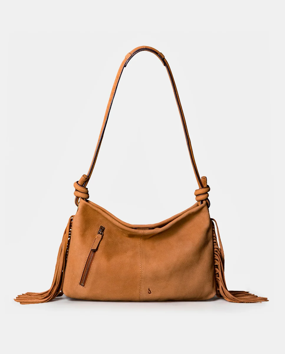 Bolso de hombro en piel con flecos cognac - Imagen 4