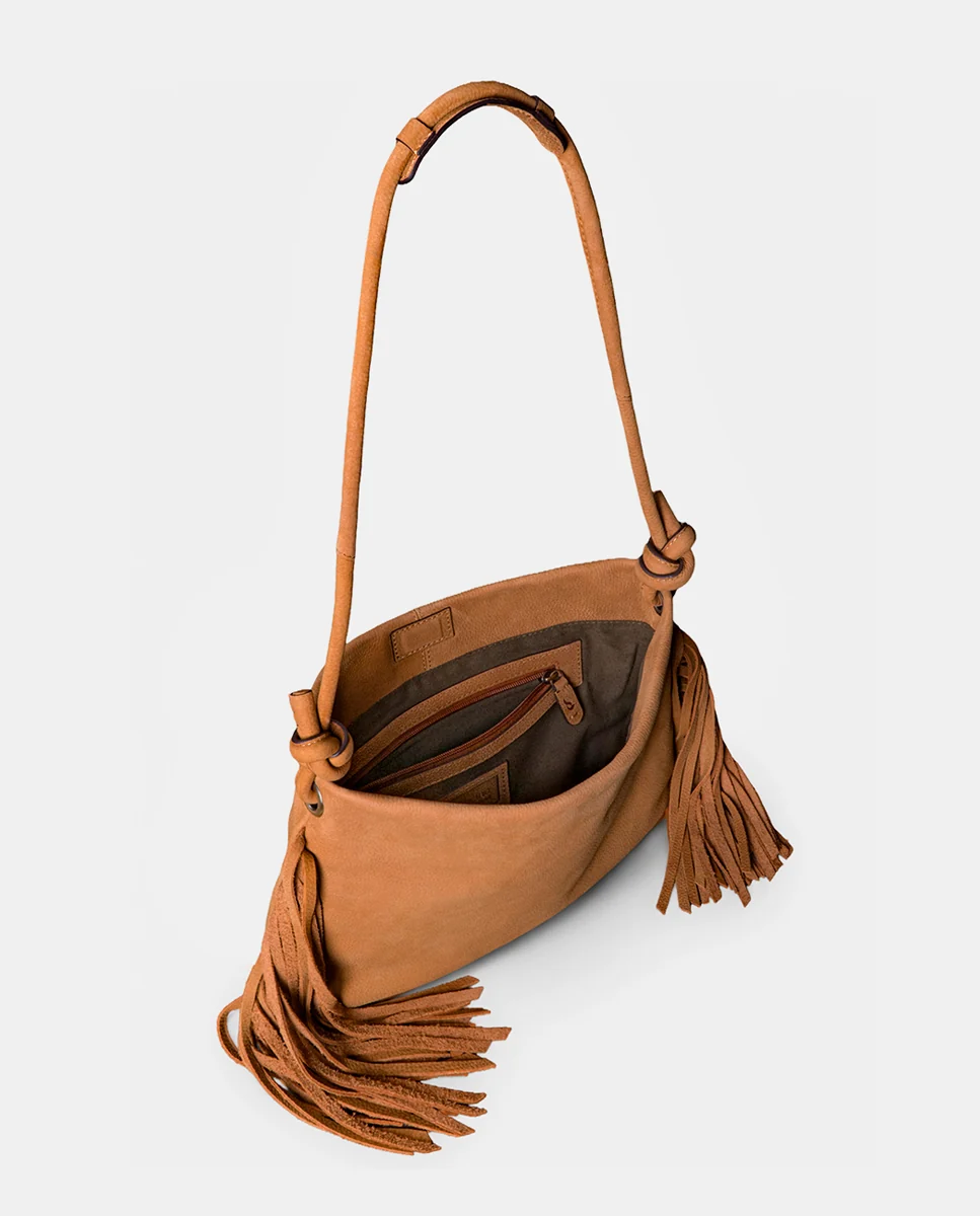 Bolso de hombro en piel con flecos cognac - Imagen 5