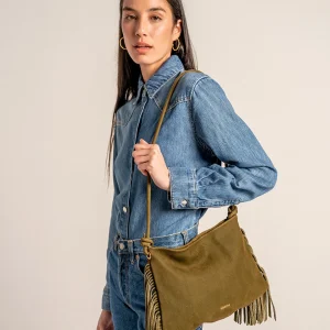 Bolso de hombro en piel con flecos verde