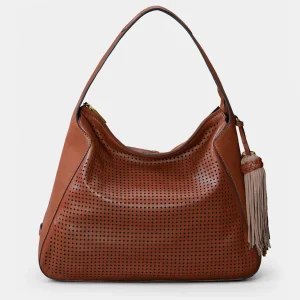 Bolso de hombro en piel troquelada cognac