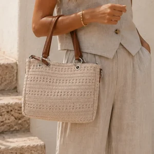 Bolso Ganchillo Crochet Beige con Asas de Mano y Bandolera