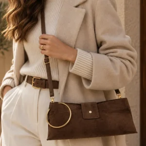 Bolso Mujer Piel Genuina Ante Asa Aro Dorado Bandolera