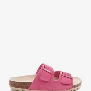 Sandalia plana de mujer de serraje en fucsia