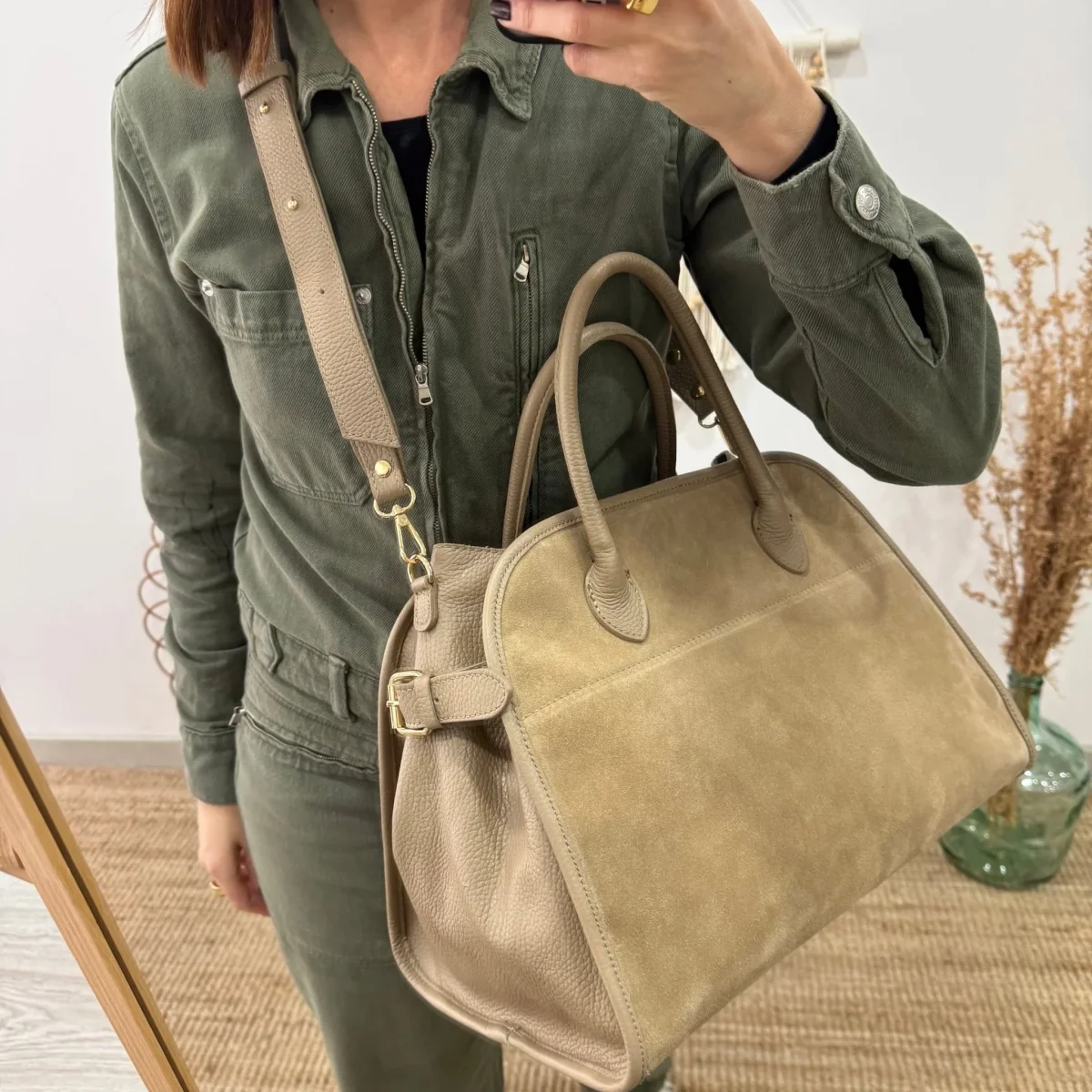 Shopper hebillas serraje y piel taupe - Imagen 3