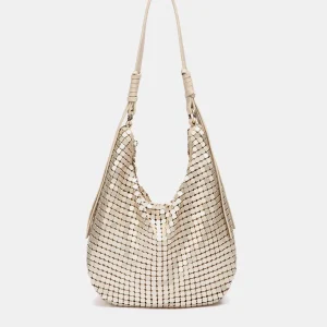 Bolso de hombro en malla metálica dorado