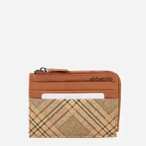 Monedero-tarjetero de mujer de piel con print a cuadros cognac