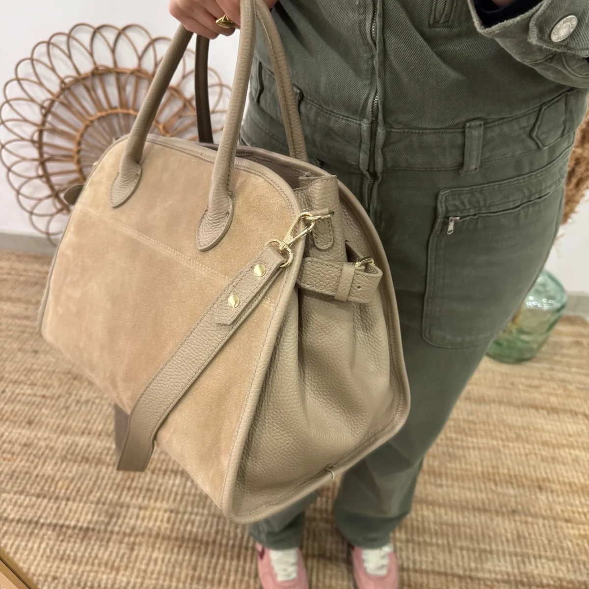 Shopper hebillas serraje y piel taupe - Imagen 2