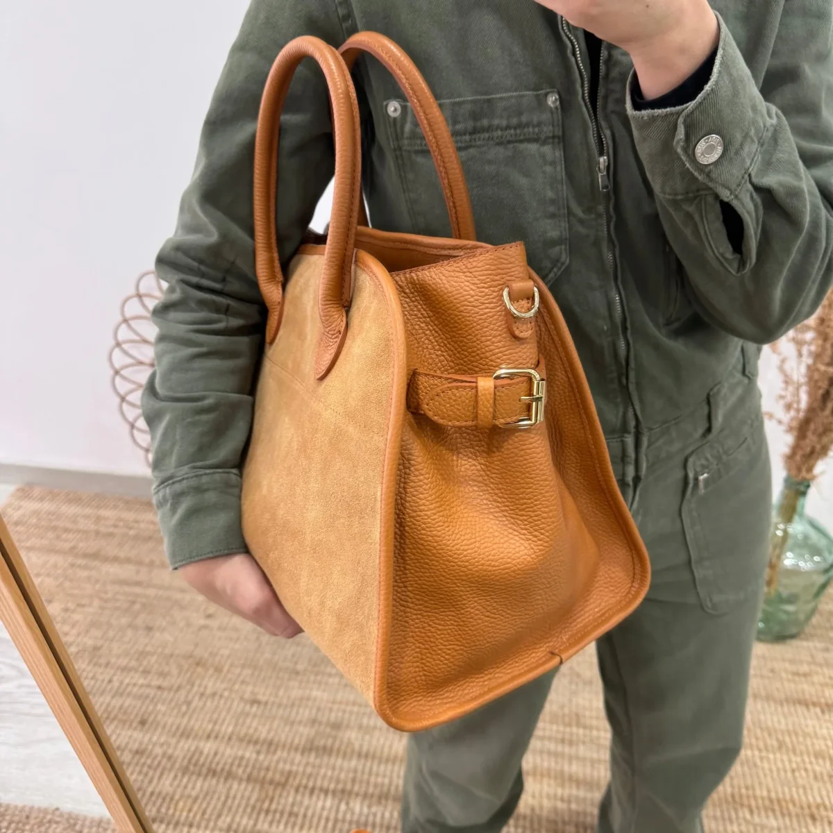 Shopper hebillas serraje y piel camel - Imagen 3