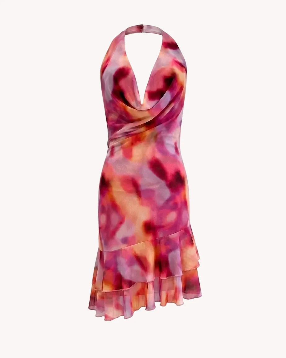 Vestido Halter Estampado Acuarela Rosa