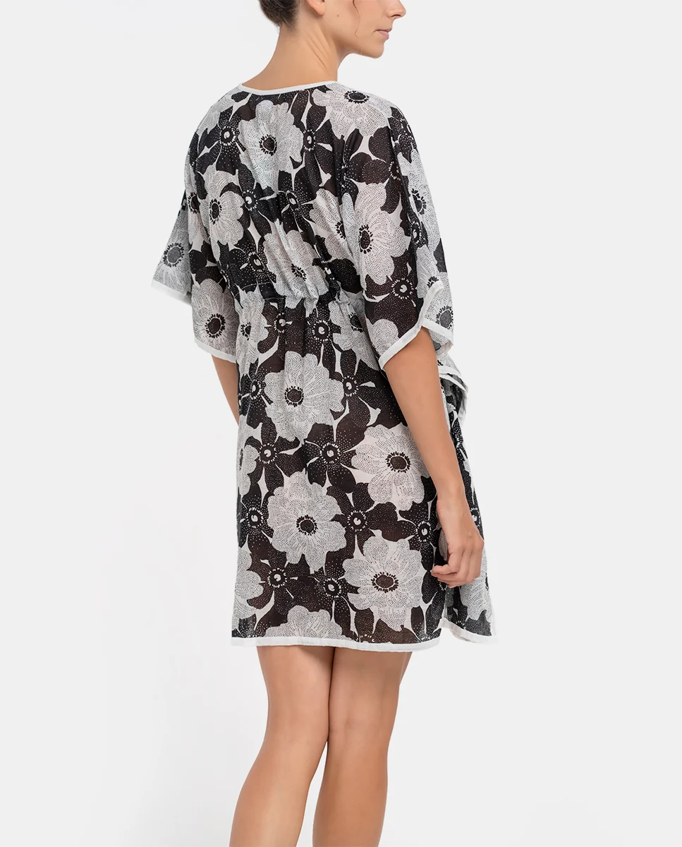 Caftán de algodón con estampado floral en blanco y negro - Imagen 3