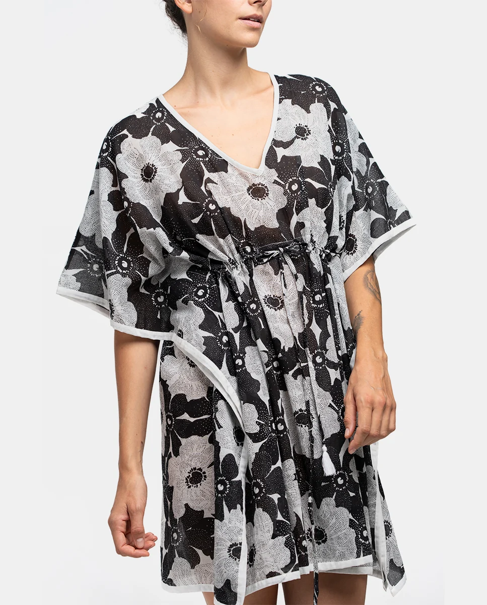 Caftán de algodón con estampado floral en blanco y negro - Imagen 4