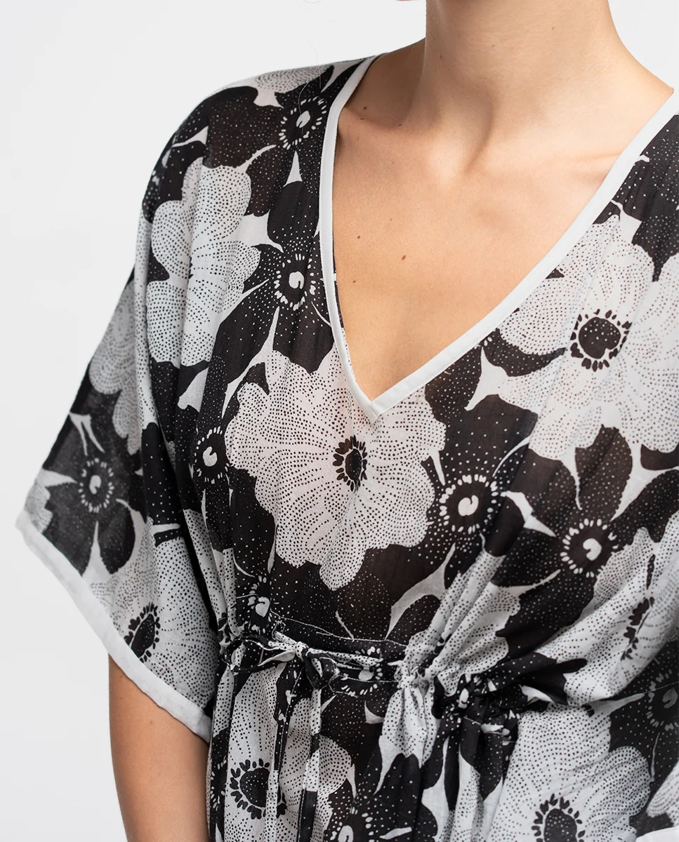 Caftán de algodón con estampado floral en blanco y negro - Imagen 5