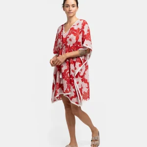 Caftán de algodón con estampado floral en blanco y rojo