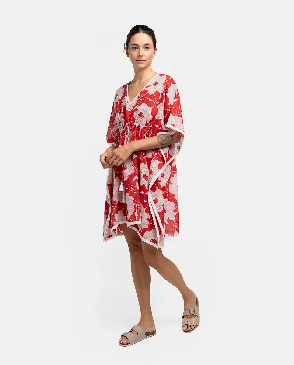 Caftán de algodón con estampado floral en blanco y rojo