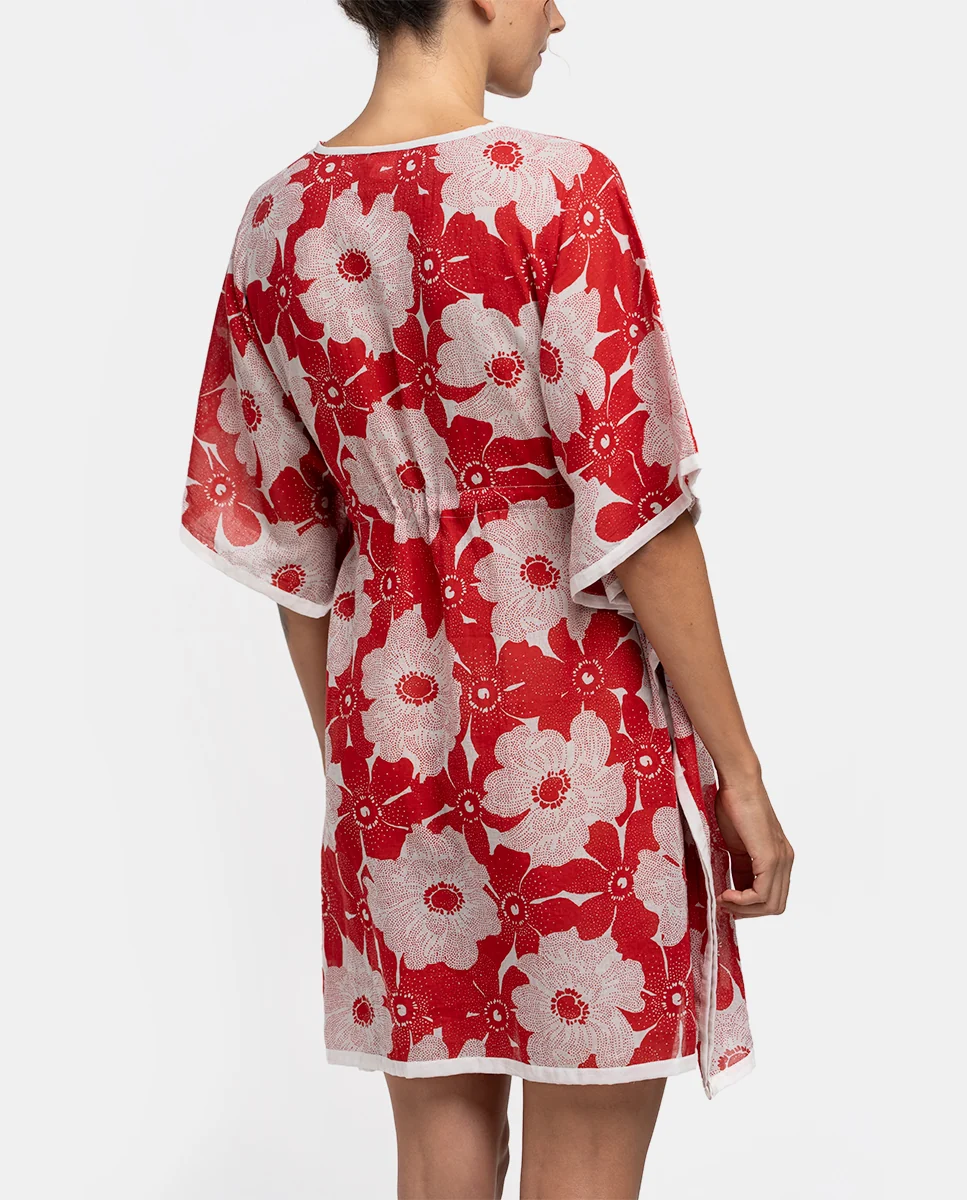 Caftán de algodón con estampado floral en blanco y rojo - Imagen 3