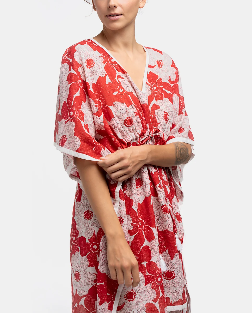Caftán de algodón con estampado floral en blanco y rojo - Imagen 4