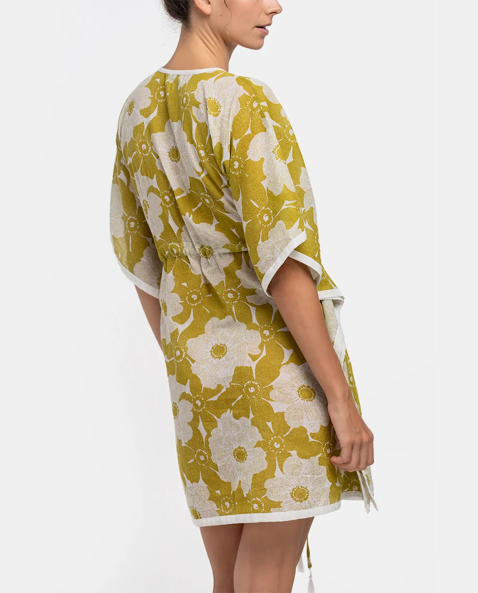 Caftán de algodón con estampado floral en blanco y verde - Imagen 3