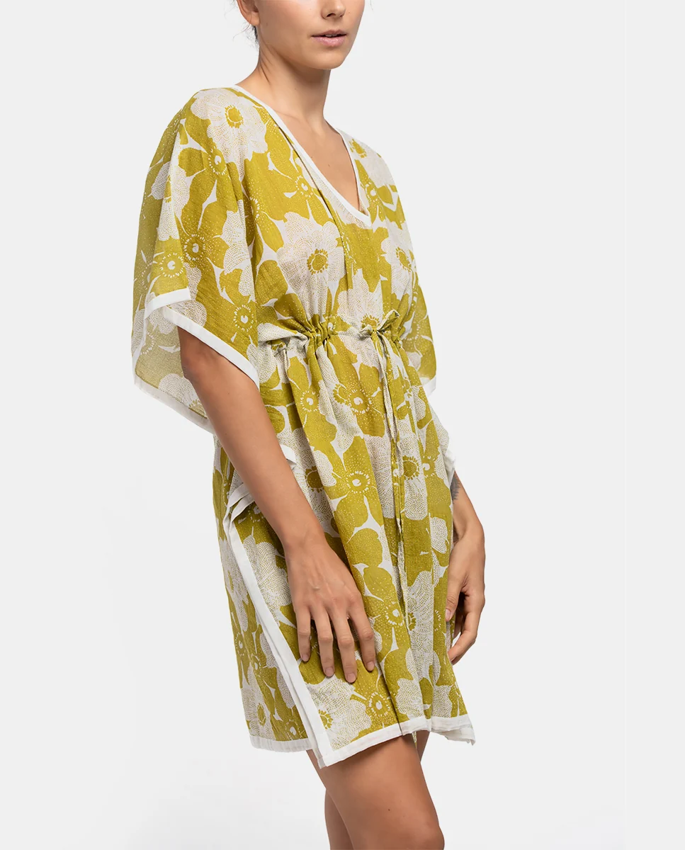 Caftán de algodón con estampado floral en blanco y verde - Imagen 4