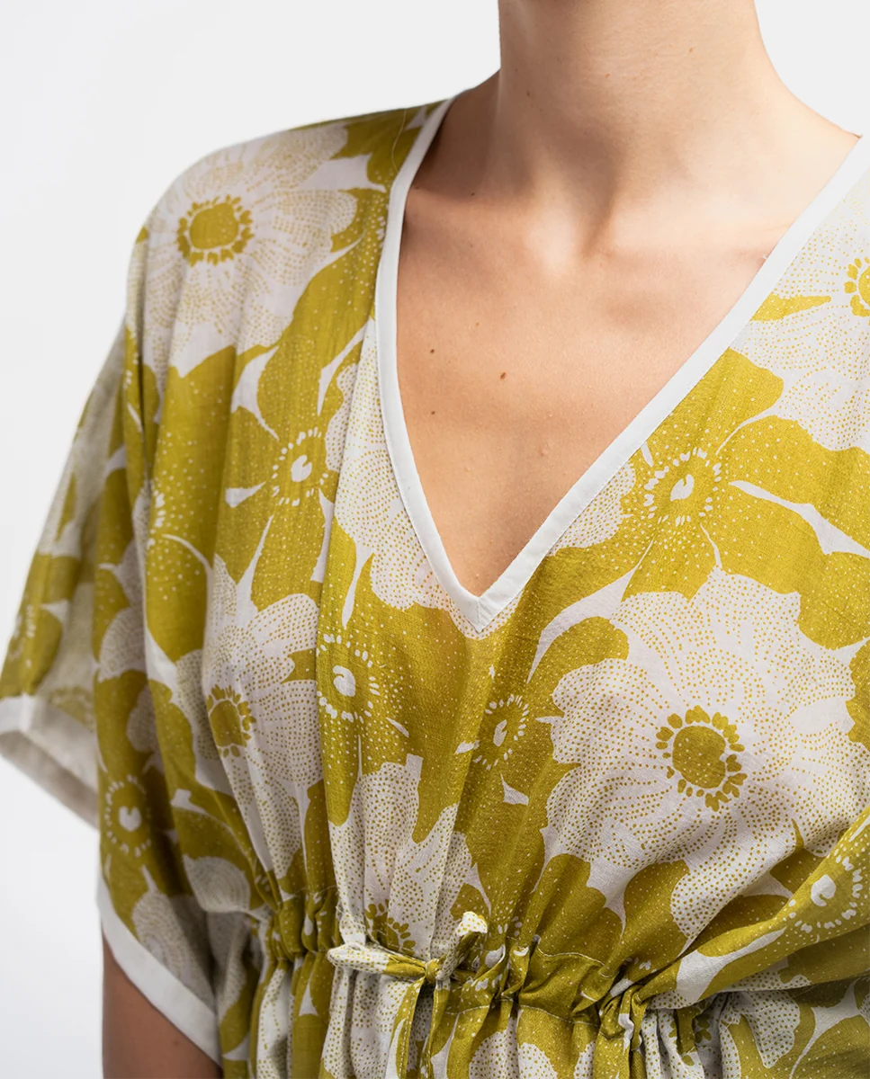 Caftán de algodón con estampado floral en blanco y verde - Imagen 5