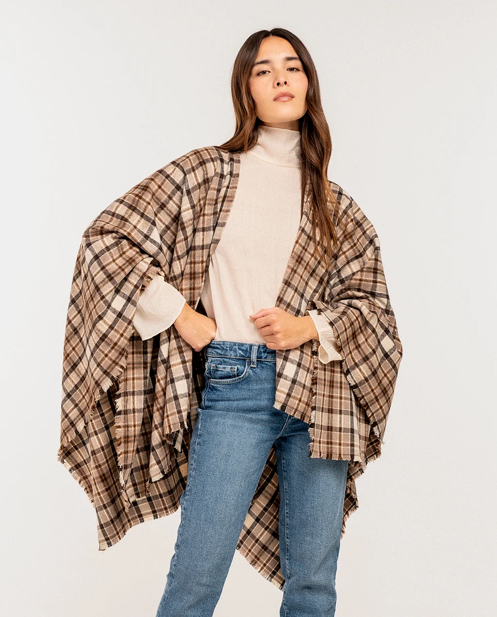 Poncho a cuadros taupe