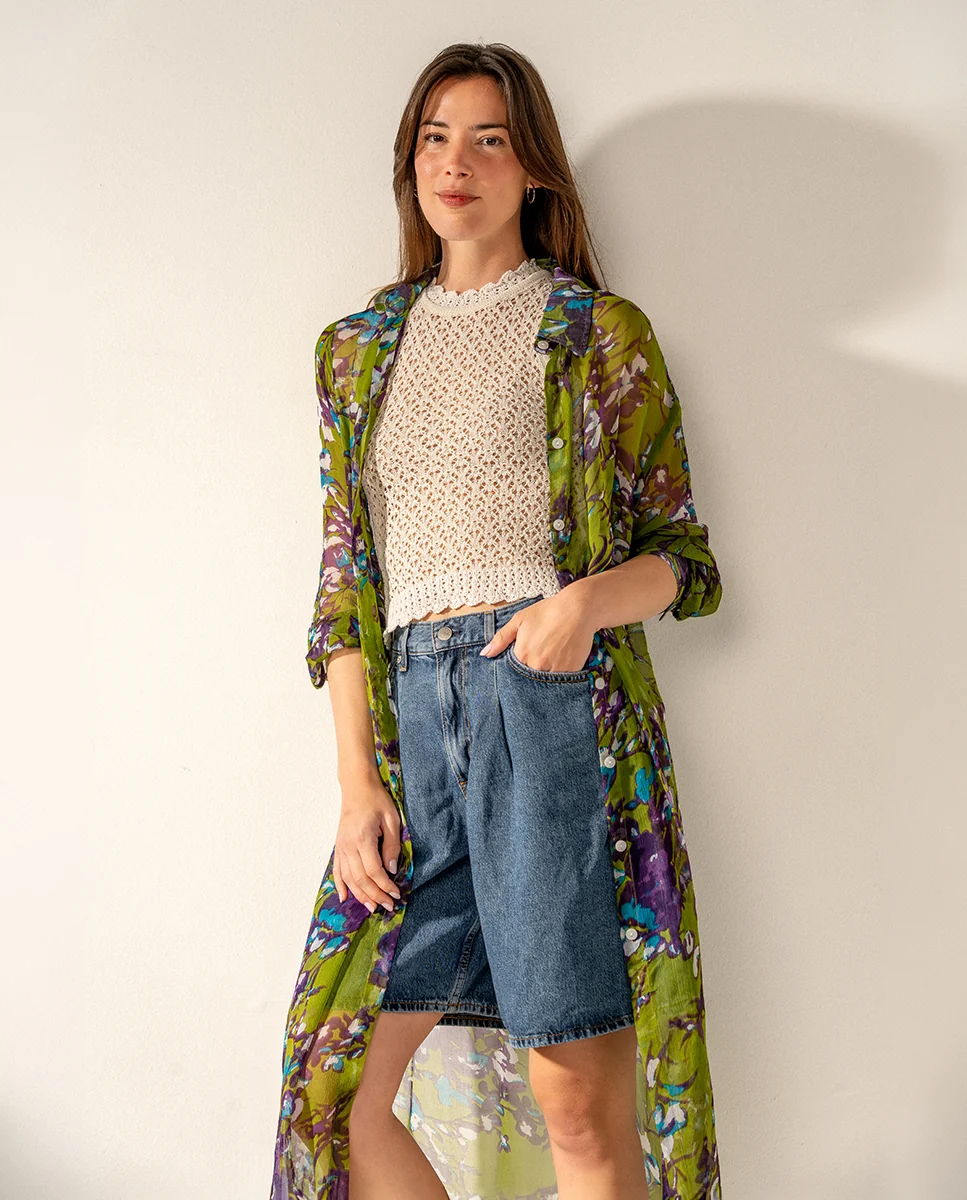 Túnica de viscosa con estampado floral verde - Imagen 5