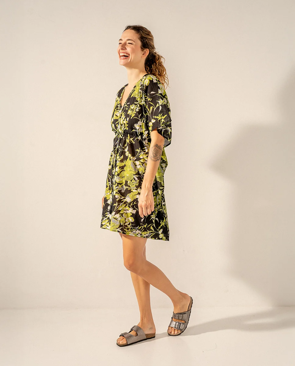 Caftán de algodón con estampado floral negro