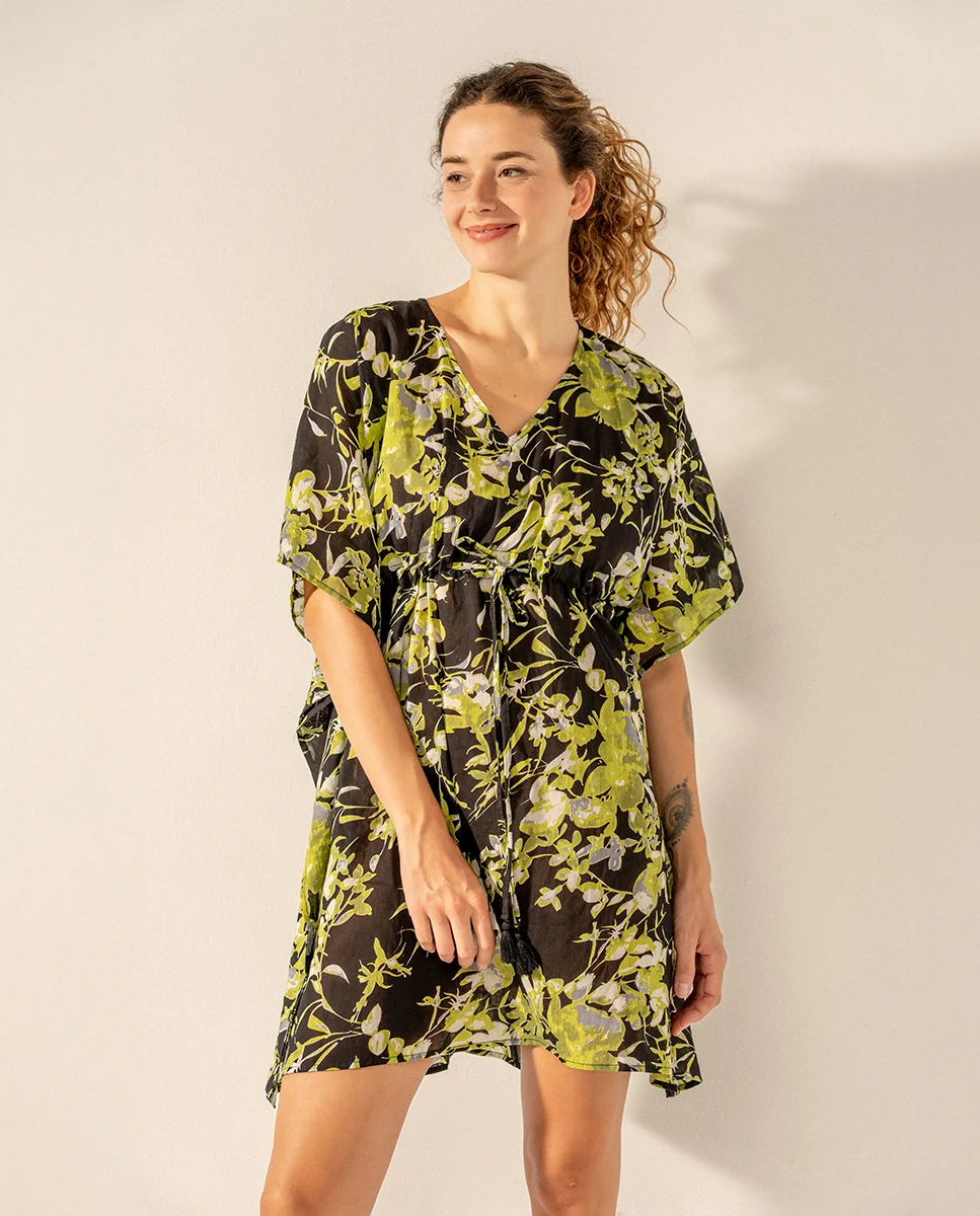 Caftán de algodón con estampado floral negro - Imagen 4