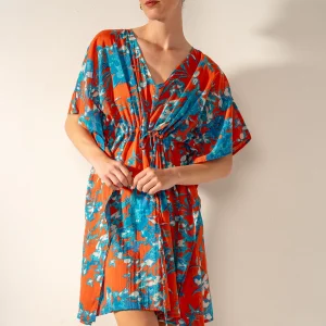 Caftán de algodón con estampado floral rojo