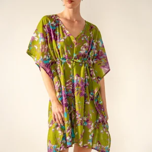 Caftán de algodón con estampado floral verde